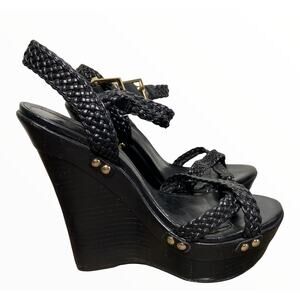 Schutz Wedges Platform Leather Braided Criss Cross Ankle Strap Black 7.5
